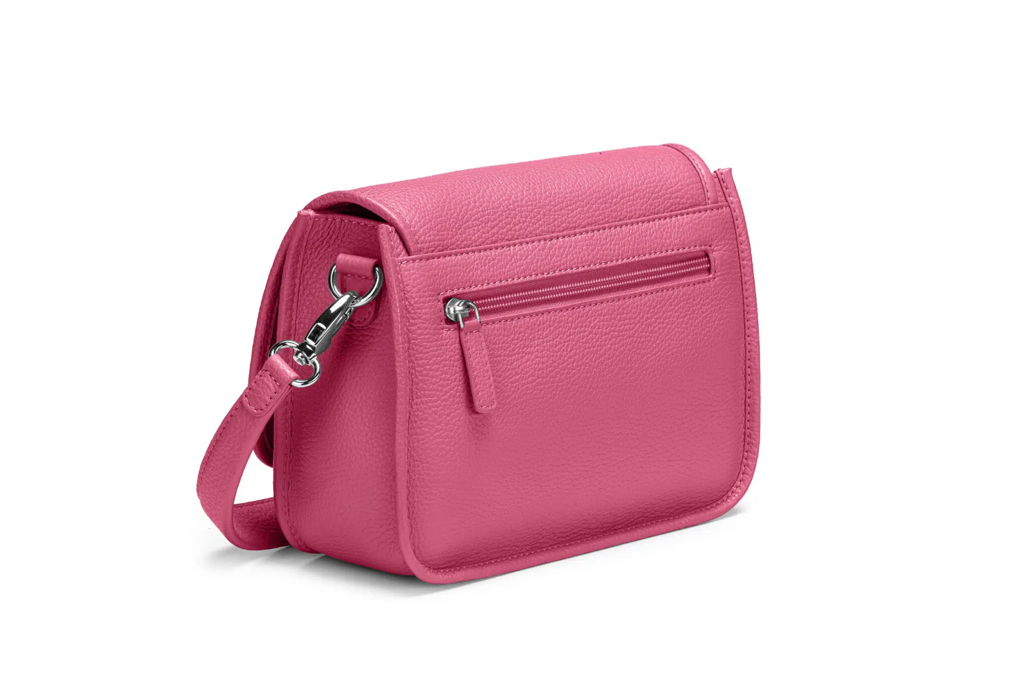 Ella aus genarbtem Leder in Pink mit silbernen Metallapplikationen, geschlossen, stehend, von der Rückseite fotografiert Ella aus genarbtem Leder in Pink mit silbernen Metallapplikationen, geschlossen, stehend, von der Rückseite fotografiert