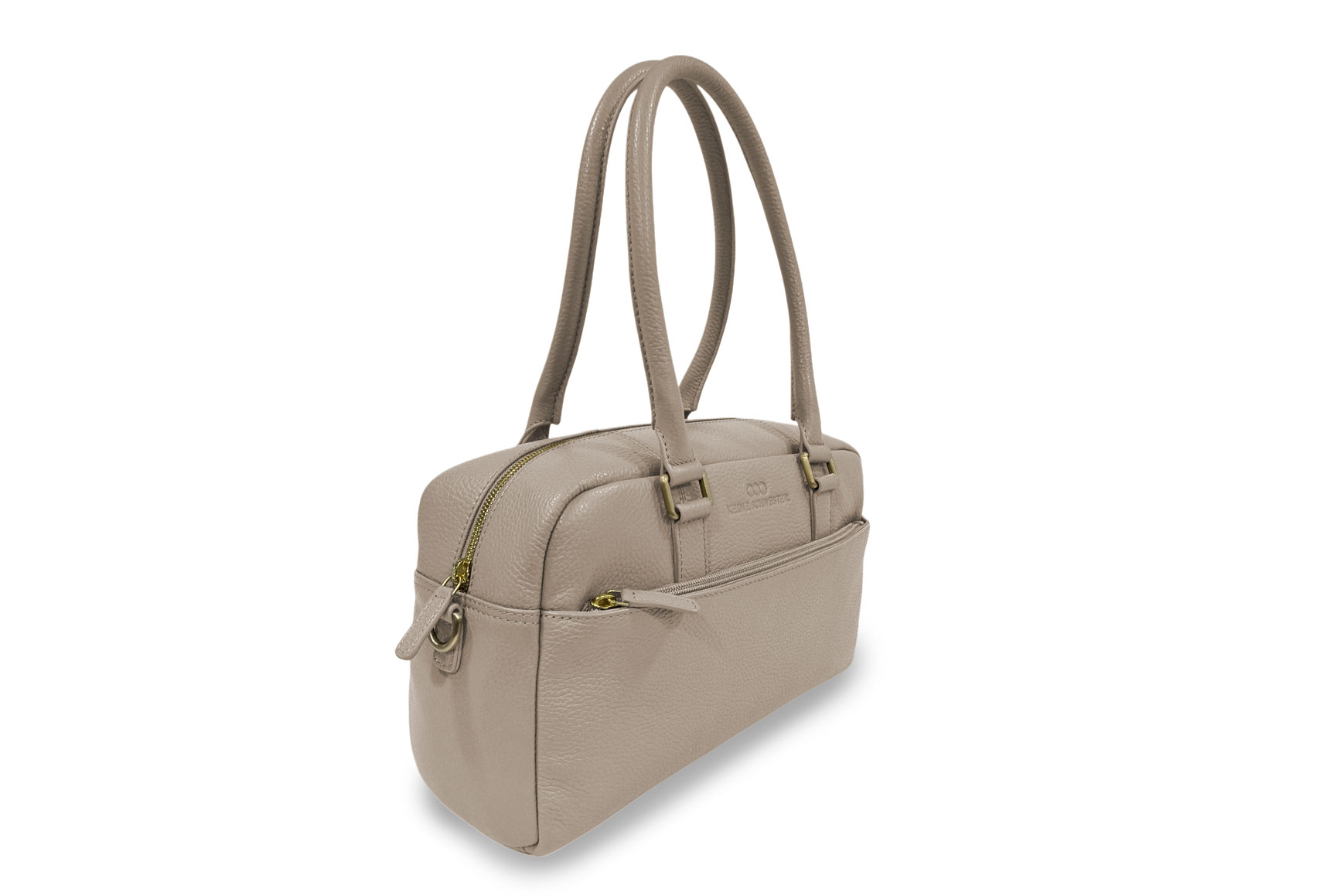 Gitta aus genarbtem Leder in Taupe mit goldenen Metallapplikationen, diagonal fotografiert Gitta aus genarbtem Leder in Taupe mit goldenen Metallapplikationen, diagonal fotografiert