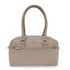Gitta aus genarbtem Leder in Taupe mit goldenen Metallapplikationen, frontal fotografiert Gitta aus genarbtem Leder in Taupe mit goldenen Metallapplikationen, frontal fotografiert