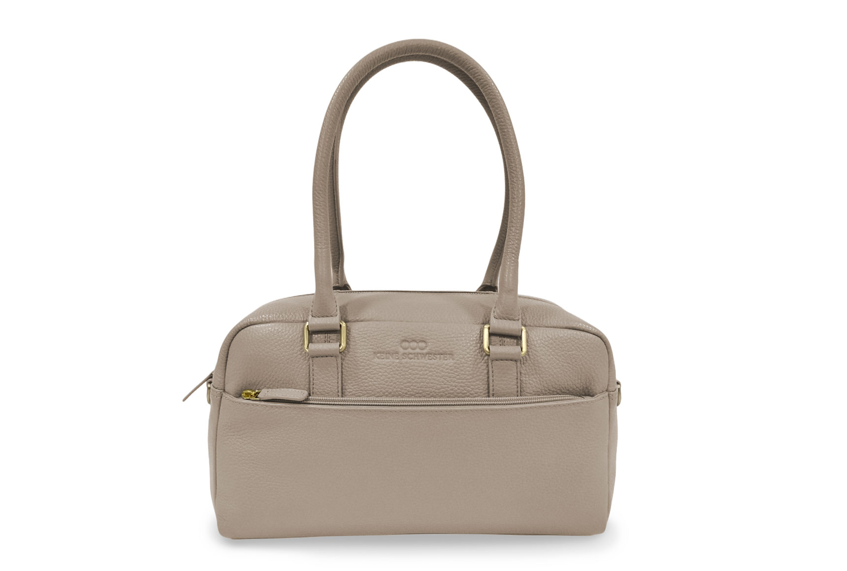Gitta aus genarbtem Leder in Taupe mit goldenen Metallapplikationen, frontal fotografiert Gitta aus genarbtem Leder in Taupe mit goldenen Metallapplikationen, frontal fotografiert
